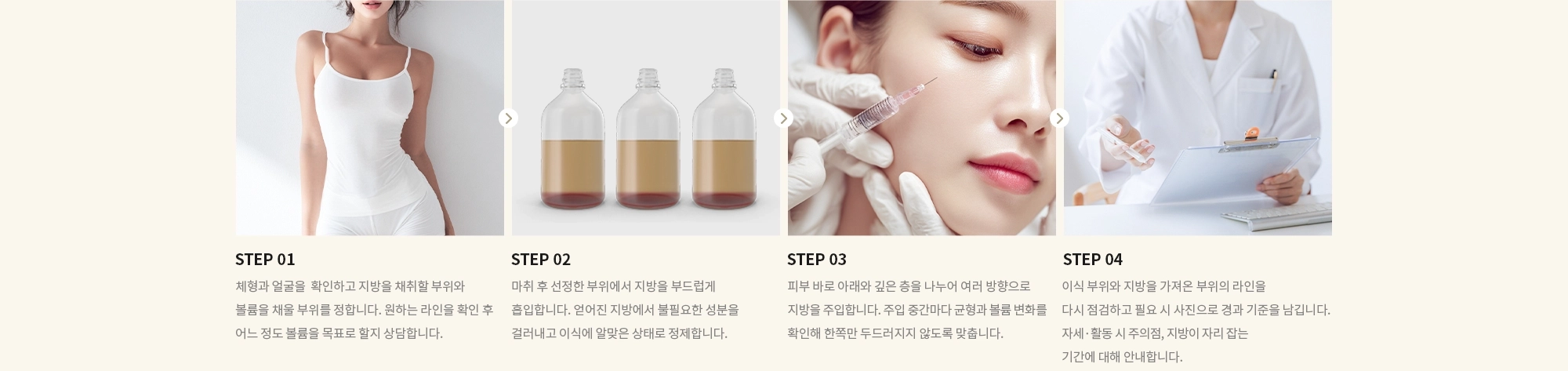 [STEP 01] 체형과 얼굴을  확인하고 지방을 채취할 부위와 볼륨을 채울 부위를 정합니다. 원하는 라인을 확인 후 어느 정도 볼륨을 목표로 할지 상담합니다. [STEP 02] 마취 후 선정한 부위에서 지방을 부드럽게 흡입합니다. 얻어진 지방에서 불필요한 성분을 걸러내고 이식에 알맞은 상태로 정제합니다. [STEP 03] 피부 바로 아래와 깊은 층을 나누어 여러 방향으로 지방을 주입합니다. 주입 중간마다 균형과 볼륨 변화를 확인해 한쪽만 두드러지지 않도록 맞춥니다. [STEP 04] 이식 부위와 지방을 가져온 부위의 라인을 다시 점검하고 필요 시 사진으로 경과 기준을 남깁니다. 자세·활동 시 주의점, 지방이 자리 잡는 기간에 대해 안내합니다.