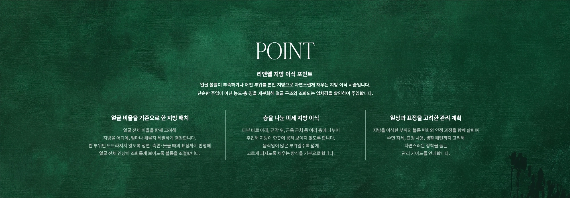 [POINT] 리앤웰 지방 이식 포인트 : 얼굴 볼륨이 부족하거나 꺼진 부위를 본인 지방으로 자연스럽게 채우는 지방 이식 시술입니다. 단순한 주입이 아닌 농도·층·양을 세분화해 얼굴 구조와 조화되는 입체감을 확인하여 주입합니다. (얼굴 비율을 기준으로 한 지방 배치 / 층을 나눈 미세 지방 이식 / 일상과 표정을 고려한 관리 계획)