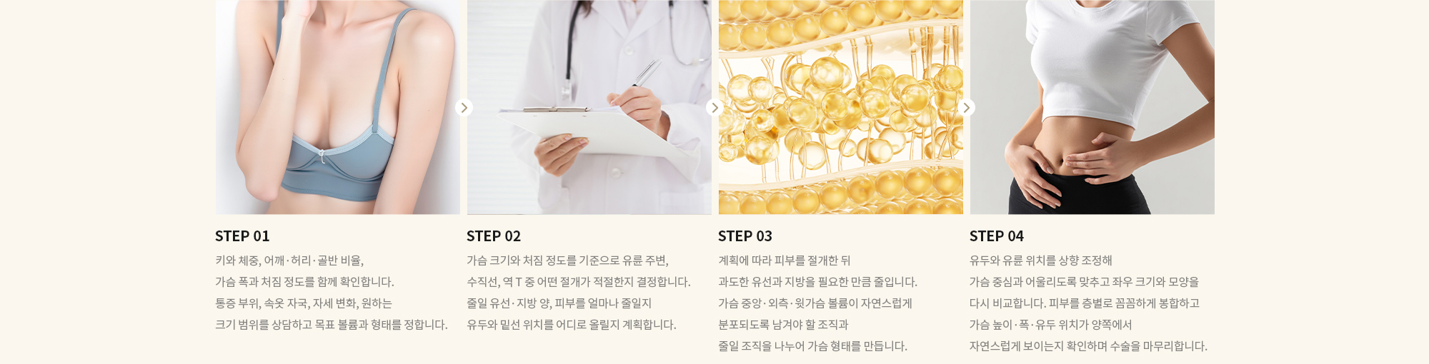 [STEP 01] 키와 체중, 어깨·허리·골반 비율, 가슴 폭과 처짐 정도를 함께 확인합니다. 통증 부위, 속옷 자국, 자세 변화, 원하는 크기 범위를 상담하고 목표 볼륨과 형태를 정합니다. [STEP 02] 가슴 크기와 처짐 정도를 기준으로 유륜 주변, 수직선, 역 T 중 어떤 절개가 적절한지 결정합니다. 줄일 유선·지방 양, 피부를 얼마나 줄일지 유두와 밑선 위치를 어디로 올릴지 계획합니다. [STEP 03] 계획에 따라 피부를 절개한 뒤 과도한 유선과 지방을 필요한 만큼 줄입니다. 가슴 중앙·외측·윗가슴 볼륨이 자연스럽게 분포되도록 남겨야 할 조직과 줄일 조직을 나누어 가슴 형태를 만듭니다. [STEP 04] 유두와 유륜 위치를 상향 조정해 가슴 중심과 어울리도록 맞추고 좌우 크기와 모양을 다시 비교합니다. 피부를 층별로 꼼꼼하게 봉합하고 가슴 높이·폭·유두 위치가 양쪽에서 자연스럽게 보이는지 확인하며 수술을 마무리합니다.