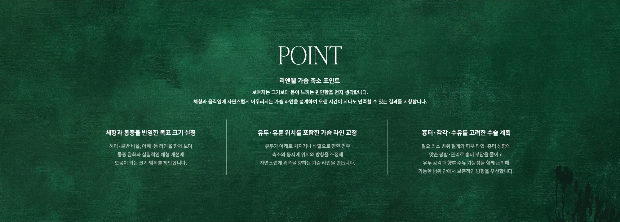 [POINT] 리앤웰 가슴 축소 포인트 : 보여지는 크기보다 몸이 느끼는 편안함을 먼저 생각합니다. 체형과 움직임에 자연스럽게 어우러지는 가슴 라인을 설계하여 오랜 시간이 지나도 만족할 수 있는 결과를 지향합니다. (체형과 통증을 반영한 목표 크기 설정 / 유두·유륜 위치를 포함한 가슴 라인 교정 / 흉터·감각·수유를 고려한 수술 계획)