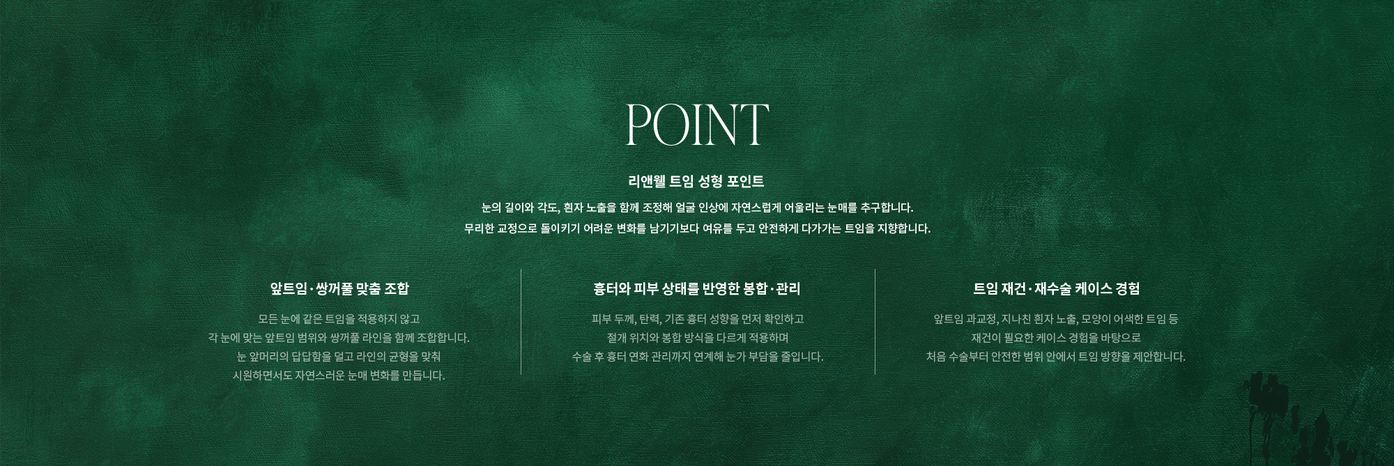 [POINT] 리앤웰 트임 성형 포인트 : 눈의 길이와 각도, 흰자 노출을 함께 조정해 얼굴 인상에 자연스럽게 어울리는 눈매를 추구합니다. 무리한 교정으로 돌이키기 어려운 변화를 남기기보다 여유를 두고 안전하게 다가가는 트임을 지향합니다. (앞트임·쌍꺼풀 맞춤 조합 / 흉터와 피부 상태를 반영한 봉합·관리 / 트임 재건·재수술 케이스 경험)