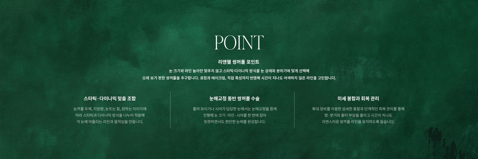 [POINT] 리앤웰 쌍꺼풀 포인트 : 눈 크기와 라인 높이만 맞추지 않고 스타틱·다이나믹 방식을 눈 상태와 분위기에 맞게 선택해 오래 보기 편한 쌍꺼풀을 추구합니다. 표정과 메이크업, 직업 특성까지 반영해 시간이 지나도 어색하지 않은 라인을 고민합니다. (스타틱·다이나믹 맞춤 조합 / 눈매교정 동반 쌍꺼풀 수술 / 미세 봉합과 회복 관리)