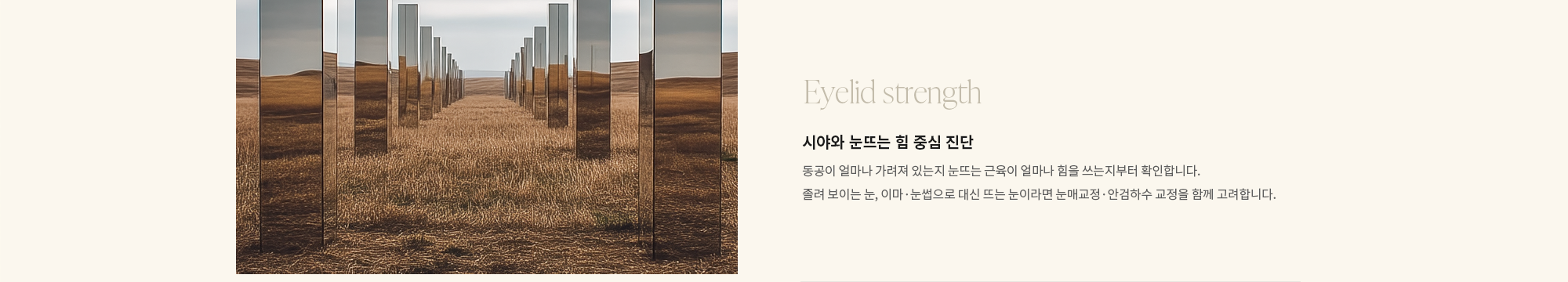[Eyelid strength] 시야와 눈뜨는 힘 중심 진단 : 동공이 얼마나 가려져 있는지 눈뜨는 근육이 얼마나 힘을 쓰는지부터 확인합니다. 졸려 보이는 눈, 이마·눈썹으로 대신 뜨는 눈이라면 눈매교정·안검하수 교정을 함께 고려합니다.