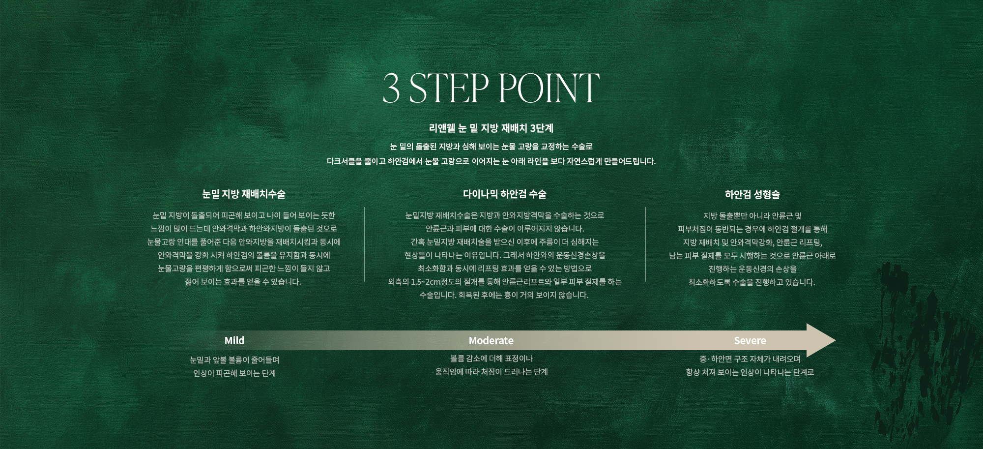 [3 STEP POINT]  리앤웰 눈 밑 지방 재배치 3단계 : 눈밑의 도드라진 지방과 꺼진 부위를 3단계로 조정해 구조적인 그림자를 줄이고, 눈가에서 앞볼까지 자연스럽게 이어지는 매끄럽고 환한 눈밑 라인을 완성합니다. (Mild : 지방재배치 : 눈밑과 앞볼 볼륨이 줄어들며 인상이 피곤해 보이는 단계 / Moderate : 다이나믹 LB : 볼륨 감소에 더해 표정이나 움직임에 따라 처짐이 드러나는 단계 / Severe : LB (Loop Blepharoplasty) : 중·하안면 구조 자체가 내려오며 항상 처져 보이는 인상이 나타나는 단계로)