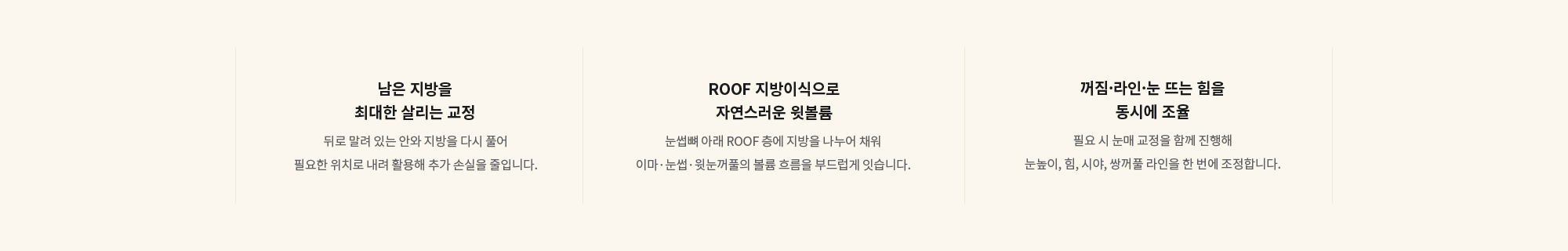 [남은 지방을 최대한 살리는 교정] 뒤로 말려 있는 안와 지방을 다시 풀어 필요한 위치로 내려 활용해 추가 손실을 줄입니다. / [ROOF 지방이식으로 자연스러운 윗볼륨] 눈썹뼈 아래 ROOF 층에 지방을 나누어 채워 이마·눈썹·윗눈꺼풀의 볼륨 흐름을 부드럽게 잇습니다. / [꺼짐·라인·눈 뜨는 힘을 동시에 조율] 필요 시 눈매 교정을 함께 진행해 눈높이, 힘, 시야, 쌍꺼풀 라인을 한 번에 조정합니다.