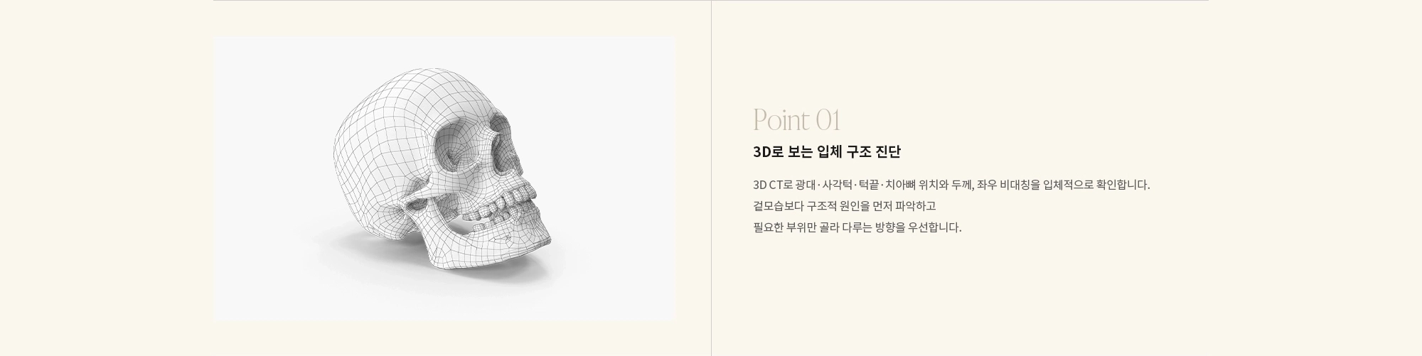 [Point 01] 3D로 보는 입체 구조 진단 : 3D CT로 광대·사각턱·턱끝·치아뼈 위치와 두께, 좌우 비대칭을 입체적으로 확인합니다. 겉모습보다 구조적 원인을 먼저 파악하고 필요한 부위만 골라 다루는 방향을 우선합니다.