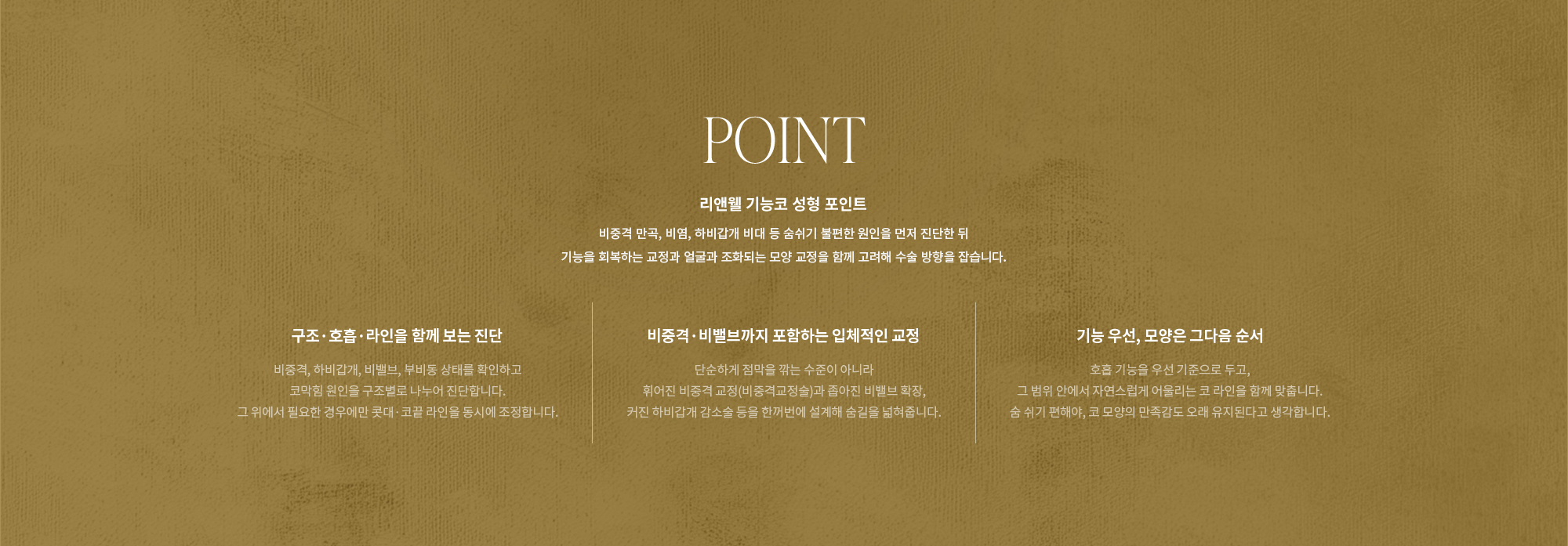 [POINT] 리앤웰 기능코 성형 포인트 : 비중격 만곡, 비염, 하비갑개 비대 등 숨쉬기 불편한 원인을 먼저 진단한 뒤 기능을 회복하는 교정과 얼굴과 조화되는 모양 교정을 함께 고려해 수술 방향을 잡습니다. (구조·호흡·라인을 함께 보는 진단 / 비중격·비밸브까지 포함하는 입체적인 교정 / 기능 우선, 모양은 그다음 순서)