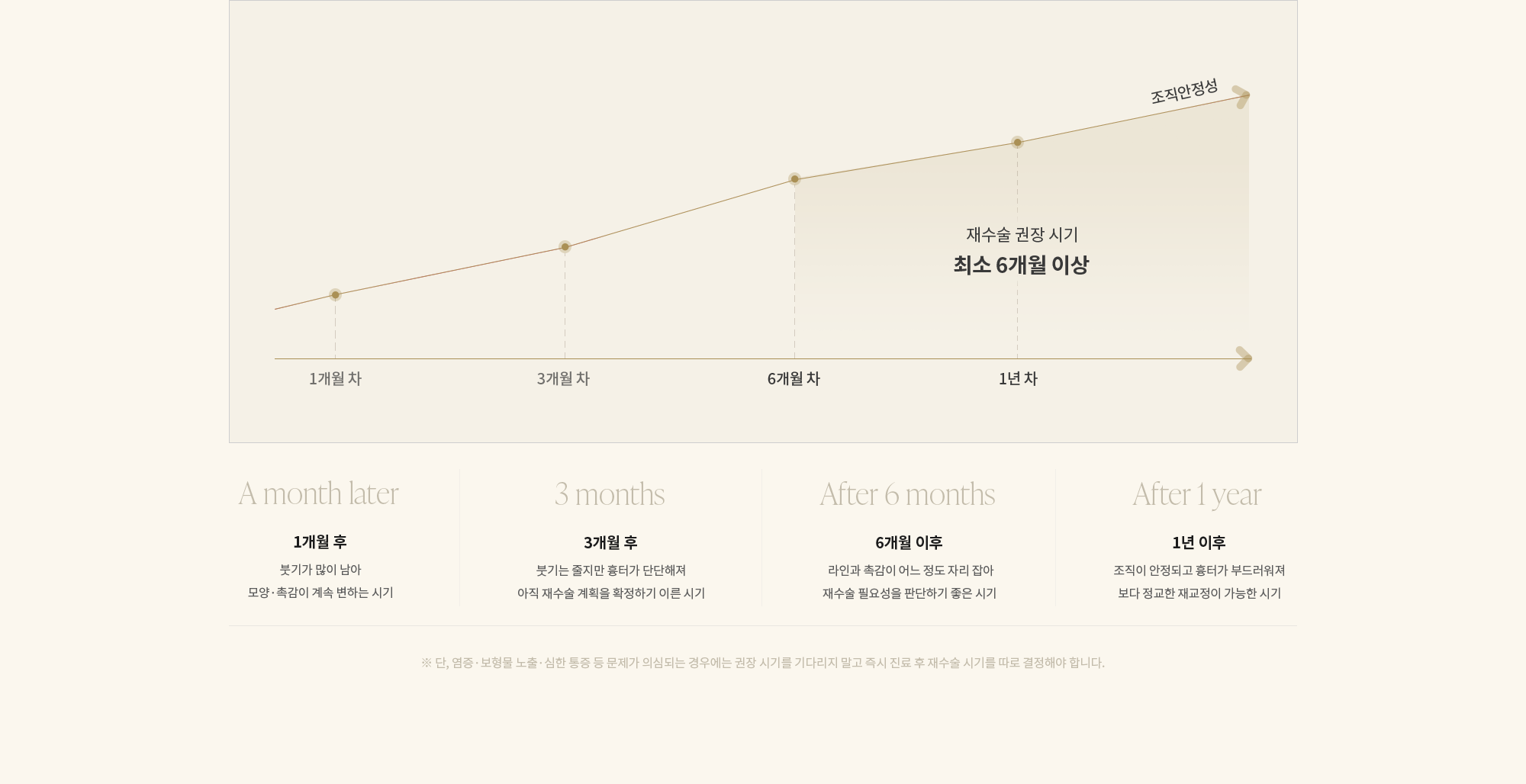 1개월 후 : 붓기가 많이 남아 모양·촉감이 계속 변하는 시기 / 3개월 후 : 붓기는 줄지만 흉터가 단단해져 아직 재수술 계획을 확정하기 이른 시기 / 6개월 이후 :  라인과 촉감이 어느 정도 자리 잡아 재수술 필요성을 판단하기 좋은 시기 / 1년 이후 : 조직이 안정되고 흉터가 부드러워져 보다 정교한 재교정이 가능한 시기