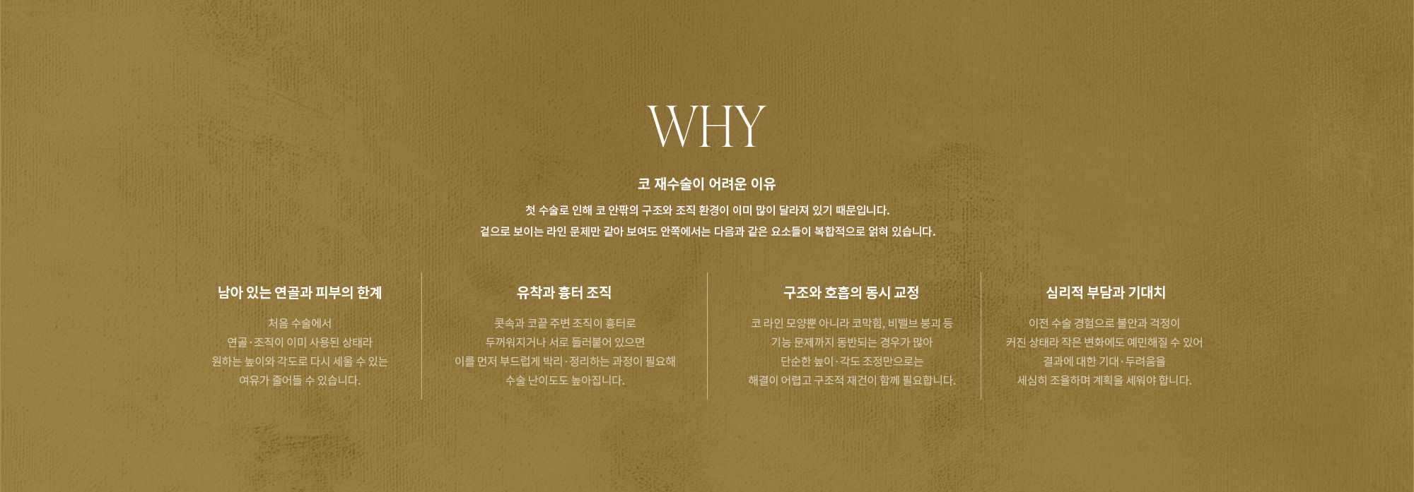 [WHY] 코 재수술이 어려운 이유 : 첫 수술로 인해 코 안팎의 구조와 조직 환경이 이미 많이 달라져 있기 때문입니다. 겉으로 보이는 라인 문제만 같아 보여도 안쪽에서는 다음과 같은 요소들이 복합적으로 얽혀 있습니다. (남아 있는 연골과 피부의 한계 / 유착과 흉터 조직 / 구조와 호흡의 동시 교정 / 심리적 부담과 기대치)