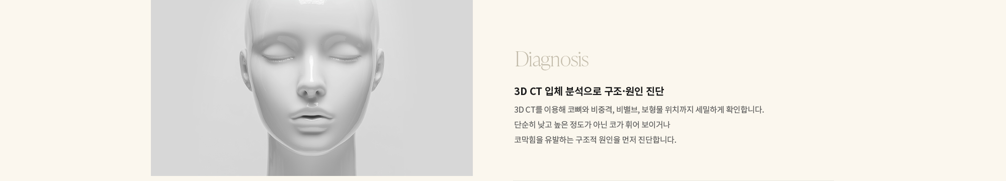 [Diagnosis] 3D CT 입체 분석으로 구조·원인 진단 : 3D CT를 이용해 코뼈와 비중격, 비밸브, 보형물 위치까지 세밀하게 확인합니다. 단순히 낮고 높은 정도가 아닌 코가 휘어 보이거나 코막힘을 유발하는 구조적 원인을 먼저 진단합니다.