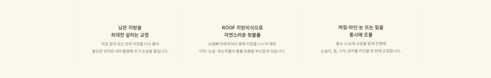 [남은 지방을 최대한 살리는 교정] 뒤로 말려 있는 안와 지방을 다시 풀어 필요한 위치로 내려 활용해 추가 손실을 줄입니다. / [ROOF 지방이식으로 자연스러운 윗볼륨] 눈썹뼈 아래 ROOF 층에 지방을 나누어 채워 이마·눈썹·윗눈꺼풀의 볼륨 흐름을 부드럽게 잇습니다. / [꺼짐·라인·눈 뜨는 힘을 동시에 조율] 필요 시 눈매 교정을 함께 진행해 눈높이, 힘, 시야, 쌍꺼풀 라인을 한 번에 조정합니다.